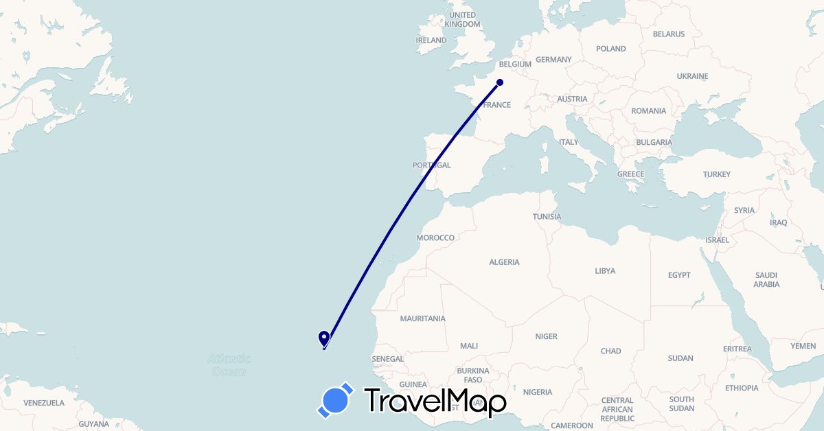 TravelMap itinerary: driving in Cape Verde, France (Africa, Europe)